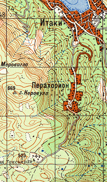 Ithaki village and Perakhorion village on Ithaka Island.  This is a small portion of a page from the Greece 1:50,000 atlas.  This may take 30 seconds or so to download if you are using a dial-up connection.